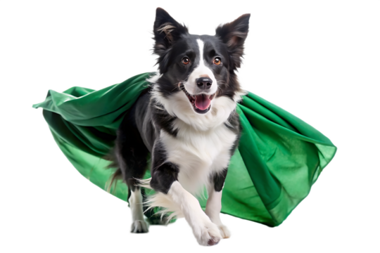 Happy Border Collie Dog Wearing Green Cape Running Isolated on a transparent background puppy canine