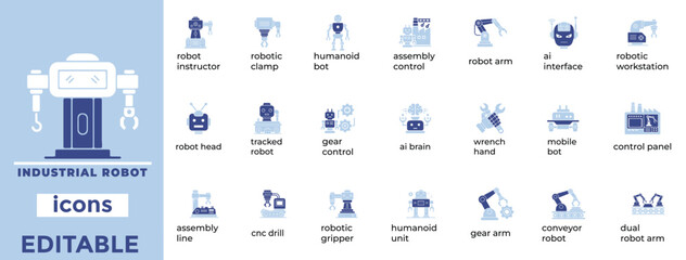Editable industrial robot icons are perfect for automation, manufacturing, and tech visuals. Clean, scalable, and modern.