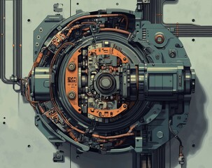 Detailed close-up of a complex, circular, mechanical device with intricate gears, wires, and components