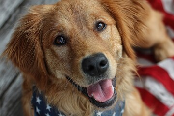 happy golden retriever dog holding American flag in mouth. High quality