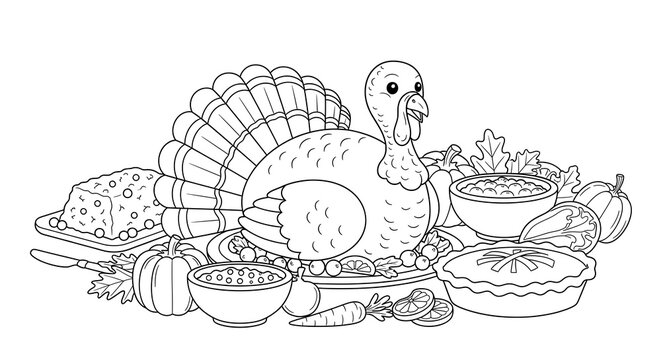 Thanksgiving turkey dinner coloring page for kids and adults printable thanksgiving feast on transparent background