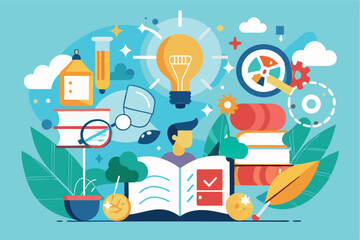 Obraz premium Educational creativity and innovation illustrated through a colorful design featuring books and lightbulbs