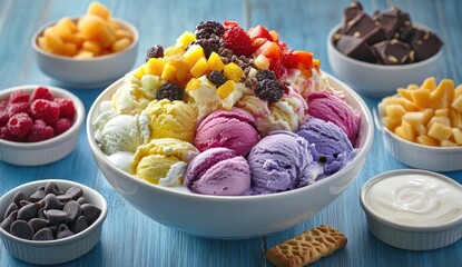 Colorful ice cream sundae with assorted toppings