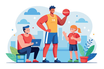 Fototapeta premium Basketball practice with a coach, player, and fan in an urban park during the day