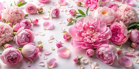 Obraz premium delicate pink peony petals scattered on a soft white background