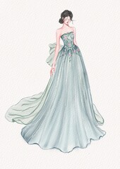 Fototapeta premium Fashion illustration.Stunning gown in a soft, light blue color. Strapless design with a fitted bodice and a flowing skirt that gracefully trails behind. beautiful bow adorns the back. formal occasion