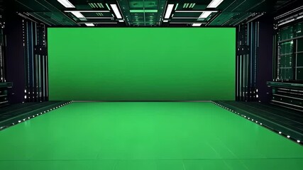 Futuristic Green Screen Studio Interior with Digital Display and Lighting