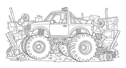Monster truck coloring page for kids and adults printable free vehicle illustration art on transparent background