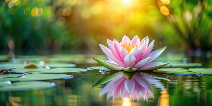 A delicate pink flower floats gently on the surface of a serene and peaceful pond at dawn