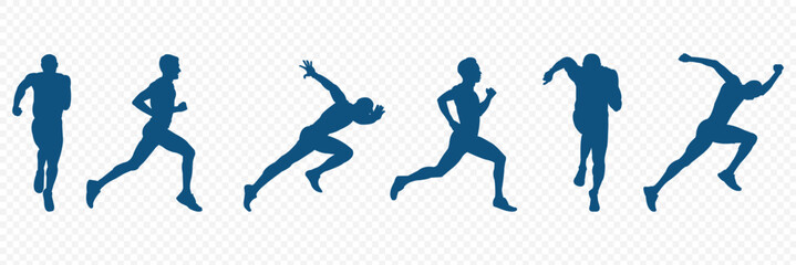  Running men vector set of isolated silhouettes . black silhouette group of runner running on transparent background . 