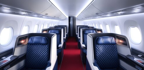 Private jet cabin interior with blue and white seats