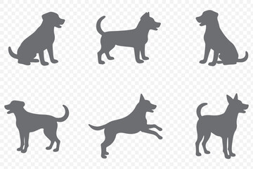 dogs in various poses on  white background.  Group of dogs various poses vector silhouettes collection. 