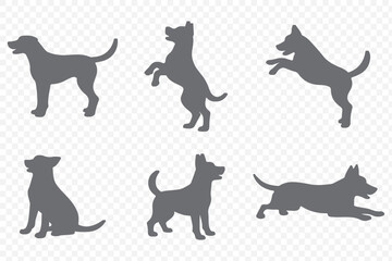 dogs in various poses on  white background.  Group of dogs various poses vector silhouettes collection. 