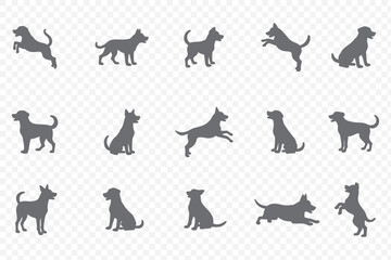  Dog silhouettes in various poses, perfect for animal lovers . vector, on a white background, black silhouette of a dog standing . 