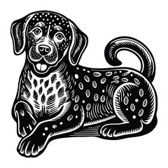 cheerful dog with detailed fur texture, expressive eyes, and a decorative leaf accent sketch engraving generative ai vector illustration. Scratch board imitation. Black and white image. 