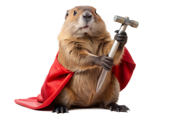 Prairie Dog Superhero Holding a Hammer Dressed in a Red Cape Sitting Isolated on a Transparent Background