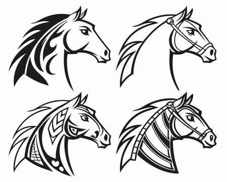 "Set of Stylized Horse Head Vector Illustrations in Tribal and Geometric Designs &ndash; Black and White"