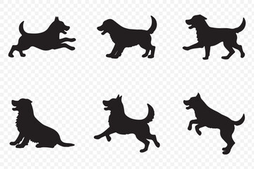 vector, isolated black silhouette set of a dog . dogs group standing or sitting of different breeds vector silhouette collection . 