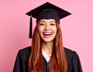 A confident person with long, straight red hair wears a graduation cap and gown against a vivid pink backdrop. The clean composition and radiant pose highlight achievement, pride, and new beginnings.