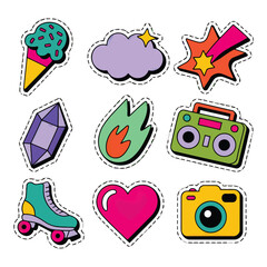 Collection of colorful retro stickers isolated on white background