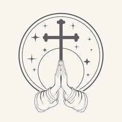 Christian cross with clasped hands and prayed for blessings from God. Prayer hands show faith and religion. Superstition and high power.