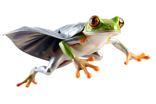Red Eyed Tree Frog Superhero Costume Flying Action Pose Silver Cape Green Skin Orange Toes A I Generated Transparent P N G isolated on a transparent background