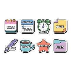 Colorful planning icons for organizing tasks isolated on white background