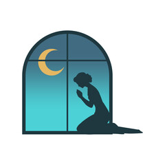 Peaceful woman silhouette praying against window. Believer with prayer hands show faith and religion. Superstition and high power. Religious art. Minimalist design