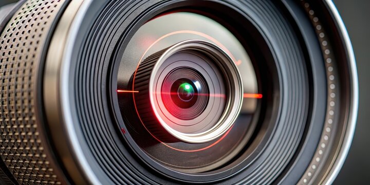 A close-up of a security camera lens with a red dot display showing the target area