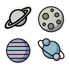 Four cartoon planets and a moon isolated on white background