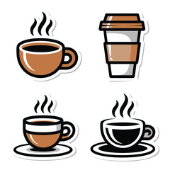 Four coffee cups and a takeaway cup isolated on white background