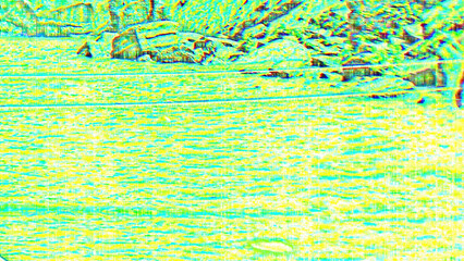 Abstract Glitched Landscape With Water And Mountains