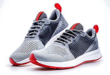Gray and red running shoes isolated on white background