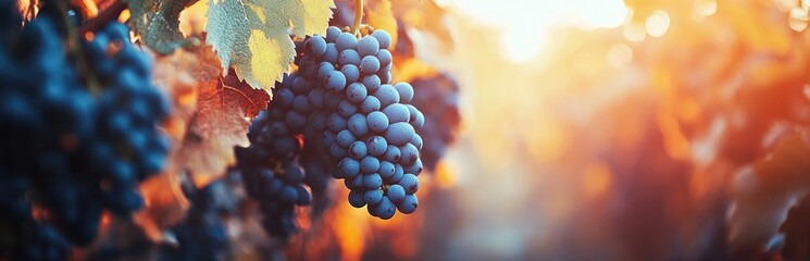 Close-up of bunches of ripe, blue grapes on vines at sunset
