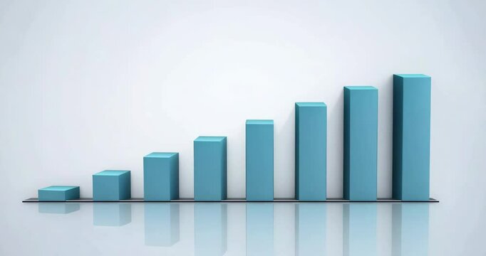 Minimalistic animated 3D bar graph with bars rising sequentially upward in a calm way, set in a white clear environment with soft professional colors