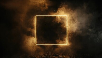 Empty square frame, glowing gold, smoky background
