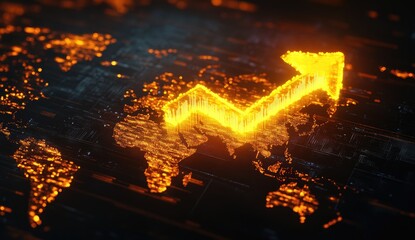 Global growth, glowing arrow over world map