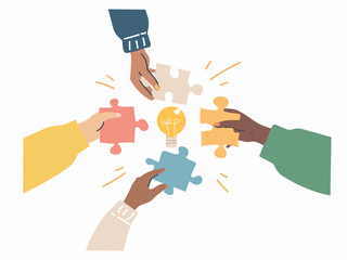 Collaboration in problem solving through puzzle pieces. Vector illustration