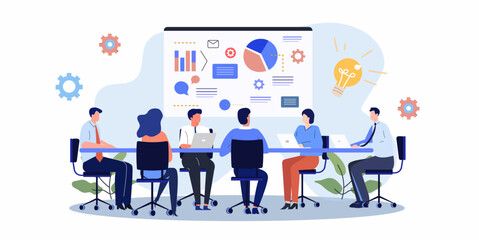 Business meeting focused on data analysis and innovation. Vector illustration