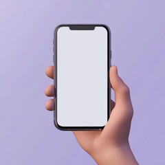 3D cartoon render of a hand holding a smartphone with a blank white screen, against a purple background