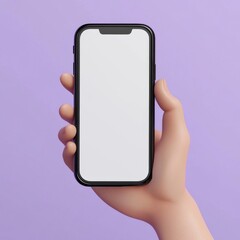 3D cartoon render of a hand holding a smartphone with a blank white screen, against a purple background