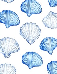 Sea shell pattern, blue and white, repeating
