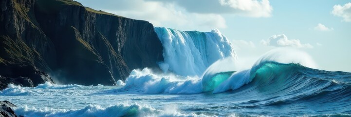 Massive wave crashing on Shipstern Bluff's sheer face, blue, big wave surfing
