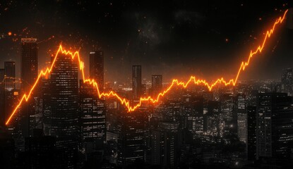 Night city skyline overlaid with a fiery upward trending line graph