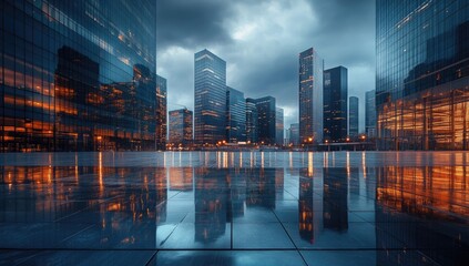 Cityscape at dusk, modern skyscrapers reflected on wet pavement