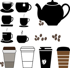 set of coffee cups , teapots and mugs vector silhouette 
