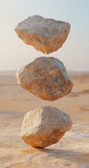 Three light beige stones levitate in a desert landscape