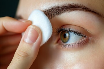 Close-up of a woman using toner and cotton pad to remove makeup, part of her nightly skincare routine., Generative AI