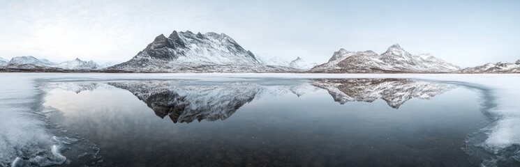 Calm winter lake reflecting snow-capped mountains