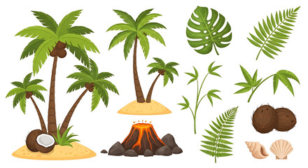 Tropical Island Plants and Rocks Set – Vector Game Elements

